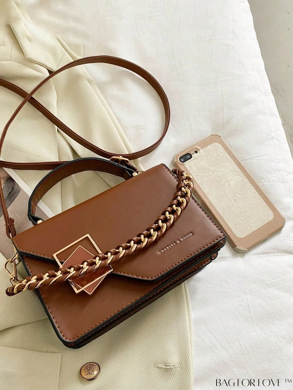 BagForLove - Letter Detail Mini Chain Flap Square Bag with Decorative Charm