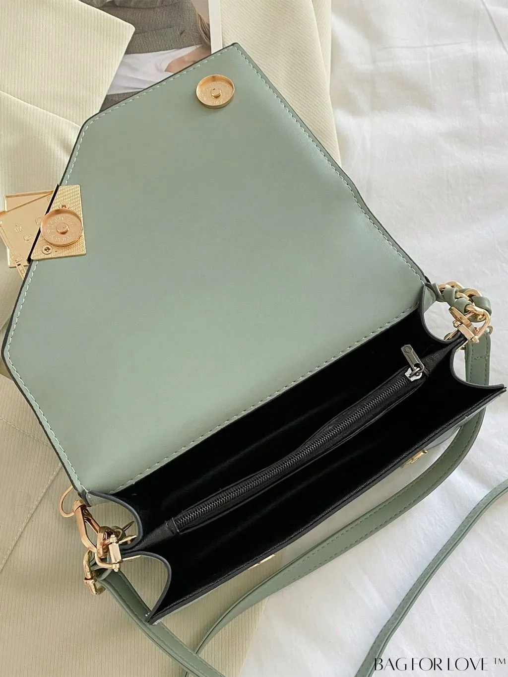 BagForLove - Letter Detail Mini Chain Flap Square Bag with Decorative Charm