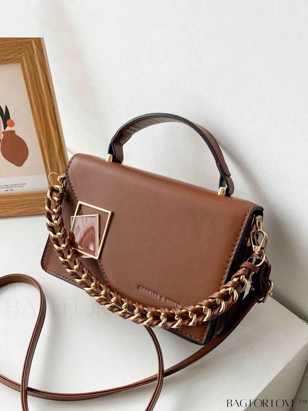 BagForLove - Letter Detail Mini Chain Flap Square Bag with Decorative Charm