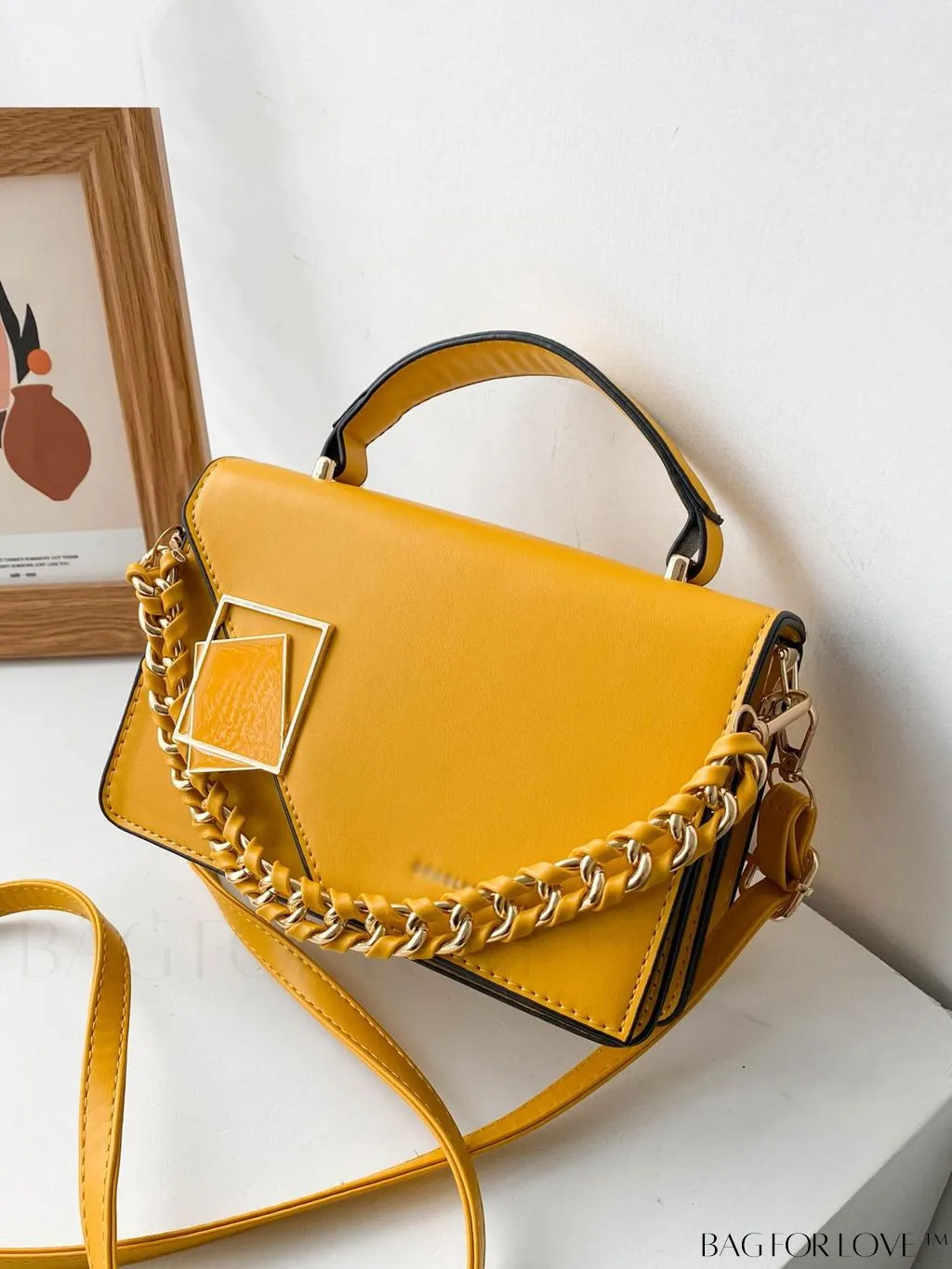BagForLove - Letter Detail Mini Chain Flap Square Bag with Decorative Charm
