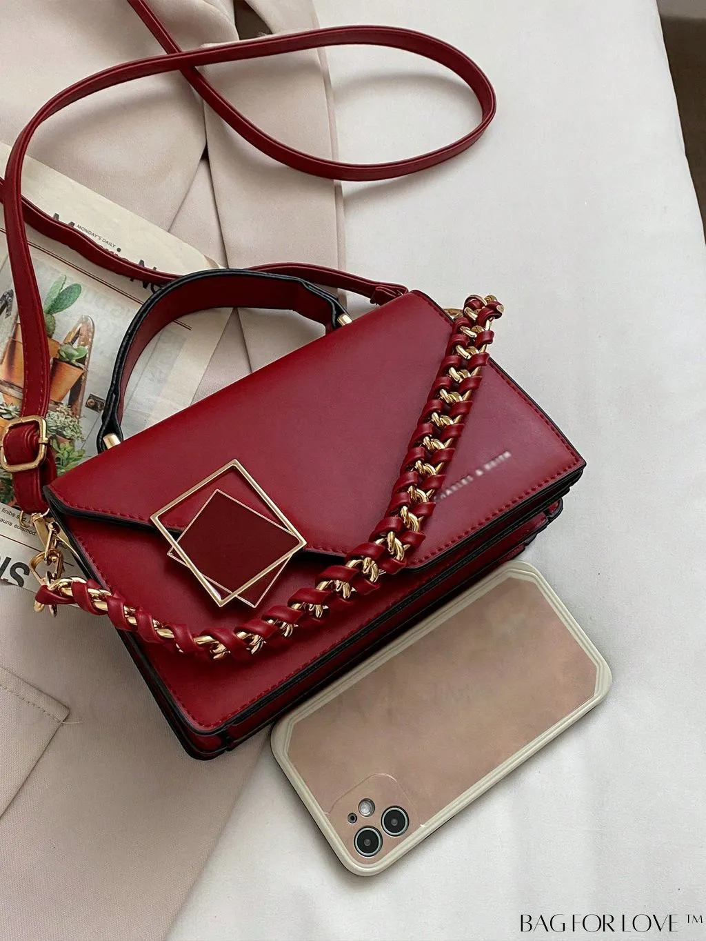 BagForLove - Letter Detail Mini Chain Flap Square Bag with Decorative Charm