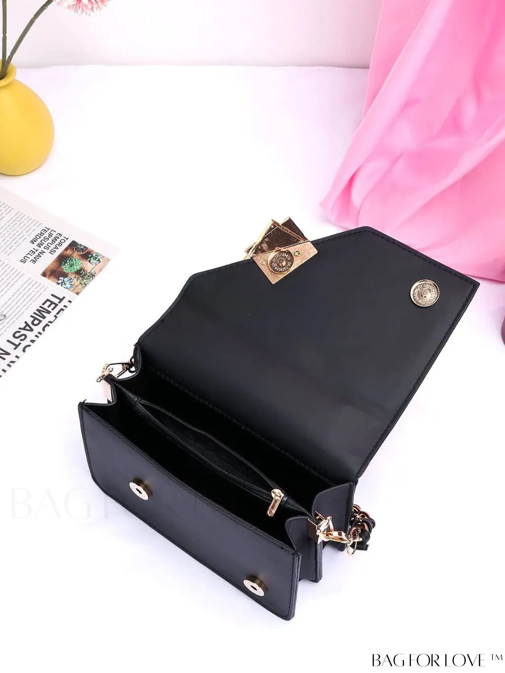 BagForLove - Letter Detail Mini Chain Flap Square Bag with Decorative Charm