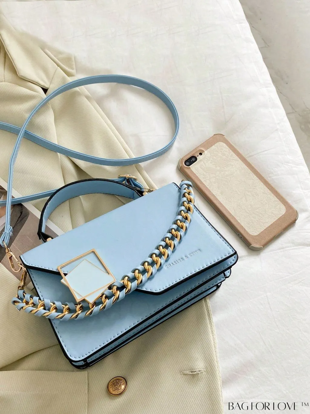 BagForLove - Letter Detail Mini Chain Flap Square Bag with Decorative Charm