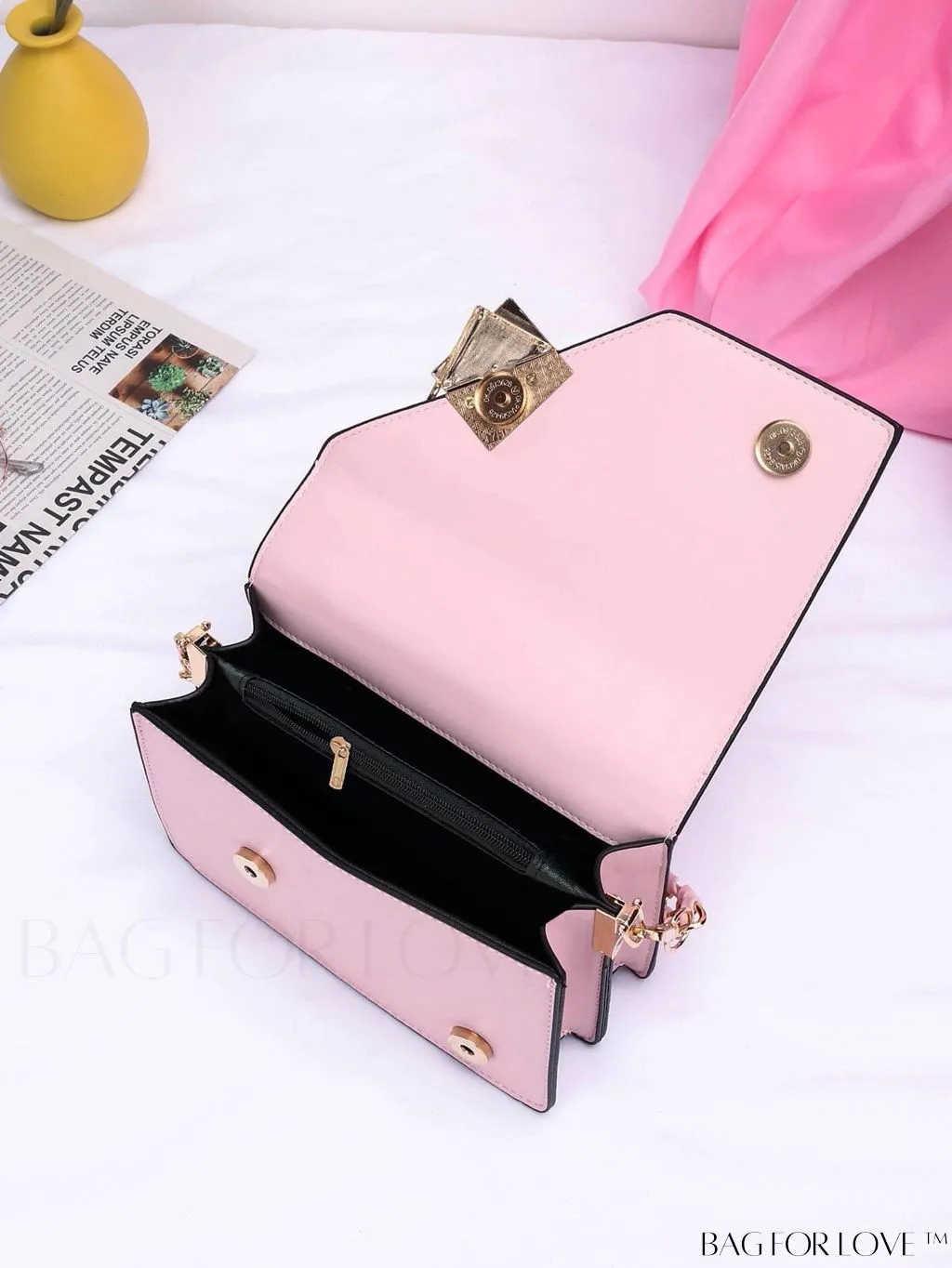 BagForLove - Letter Detail Mini Chain Flap Square Bag with Decorative Charm