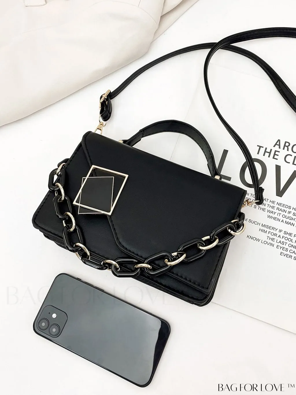 BagForLove - Letter Detail Mini Chain Flap Square Bag with Decorative Charm