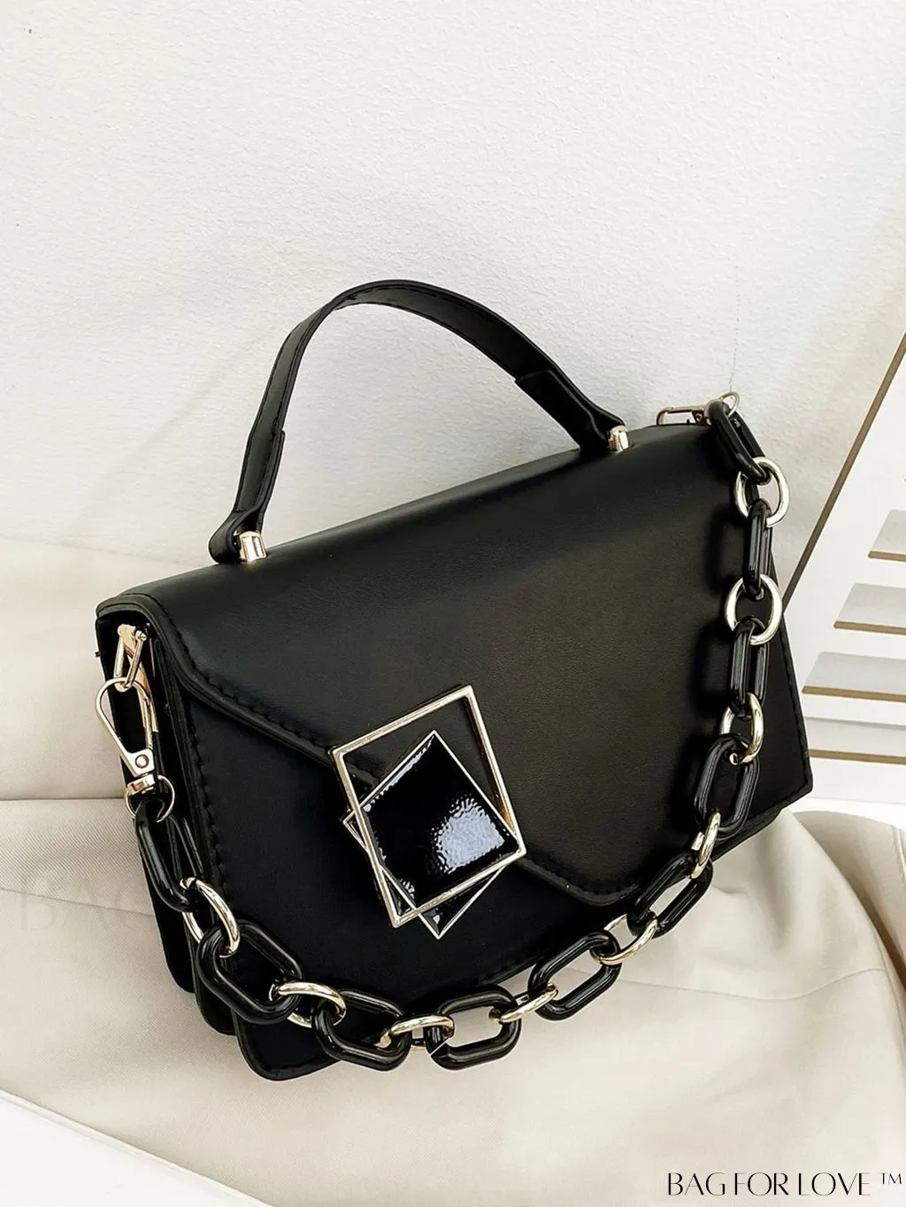 BagForLove - Letter Detail Mini Chain Flap Square Bag with Decorative Charm
