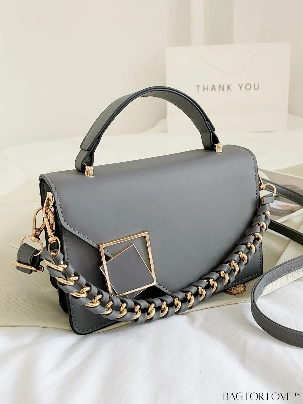 BagForLove - Letter Detail Mini Chain Flap Square Bag with Decorative Charm