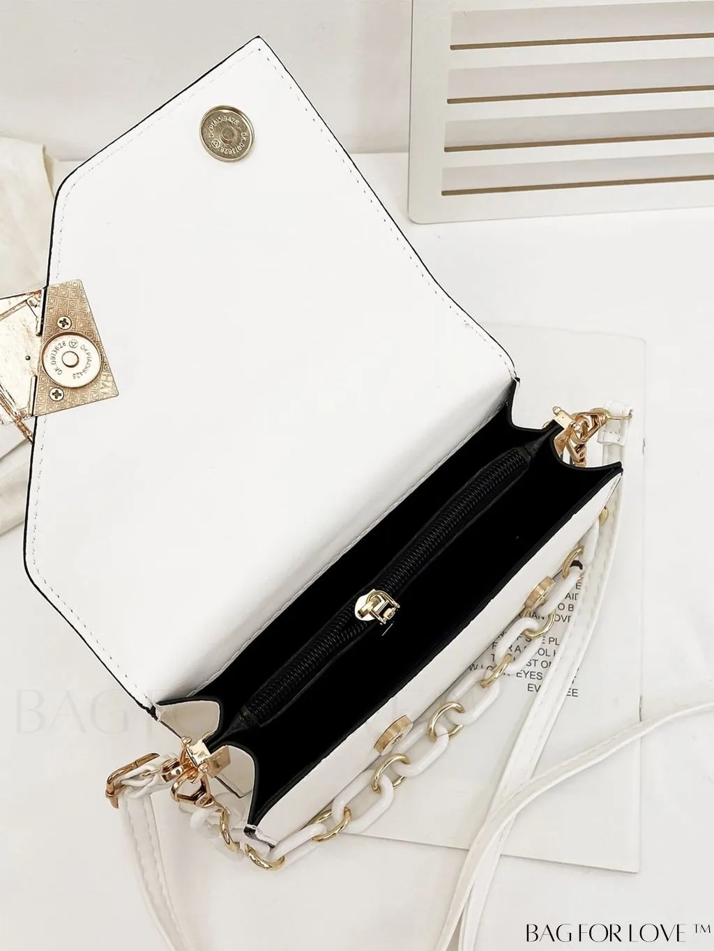 BagForLove - Letter Detail Mini Chain Flap Square Bag with Decorative Charm