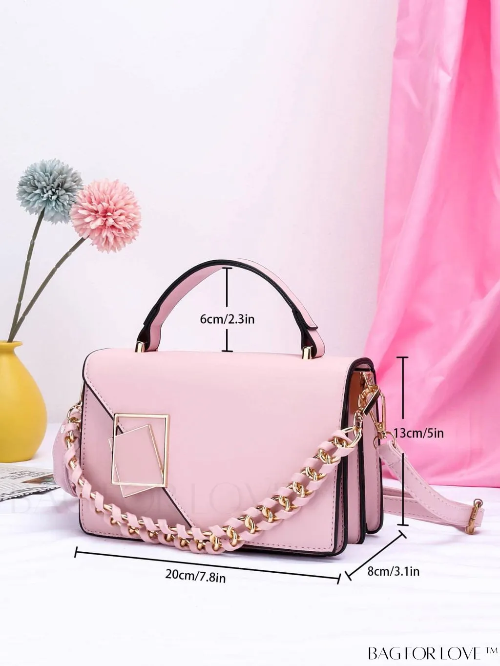 BagForLove - Letter Detail Mini Chain Flap Square Bag with Decorative Charm