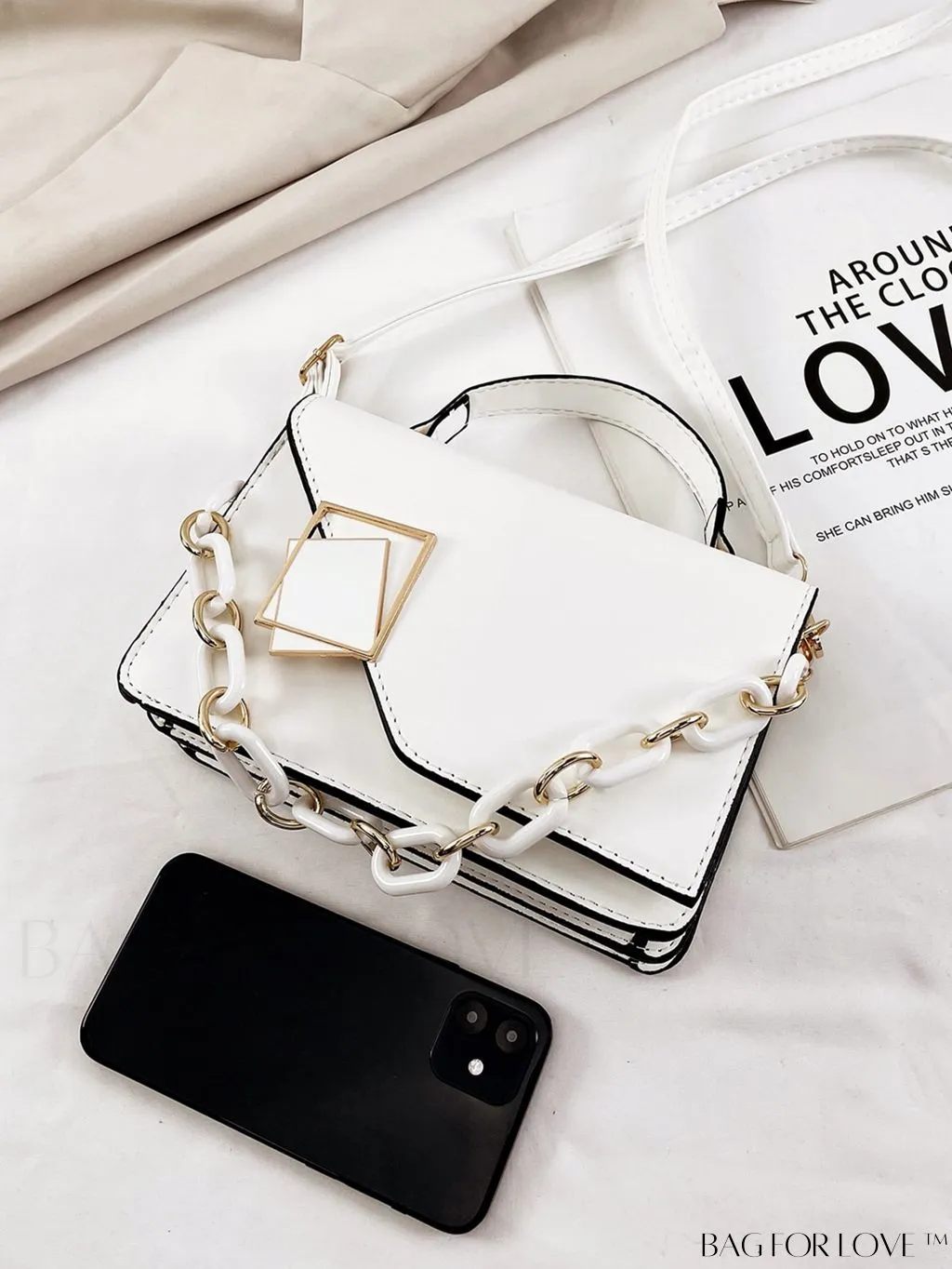 BagForLove - Letter Detail Mini Chain Flap Square Bag with Decorative Charm