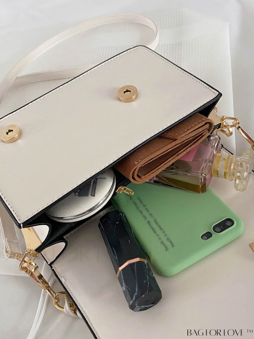 BagForLove - Letter Detail Mini Chain Flap Square Bag with Decorative Charm