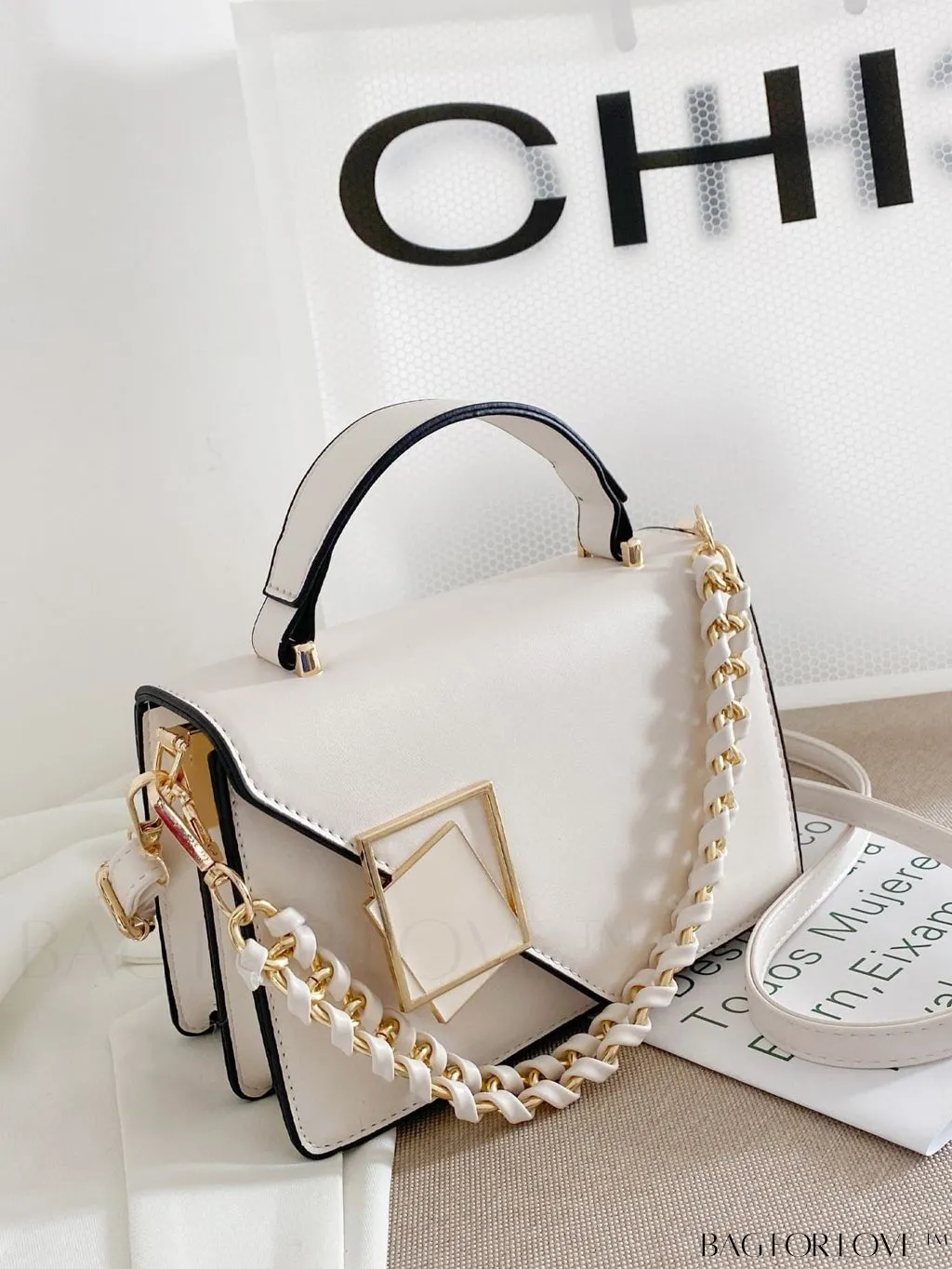 BagForLove - Letter Detail Mini Chain Flap Square Bag with Decorative Charm