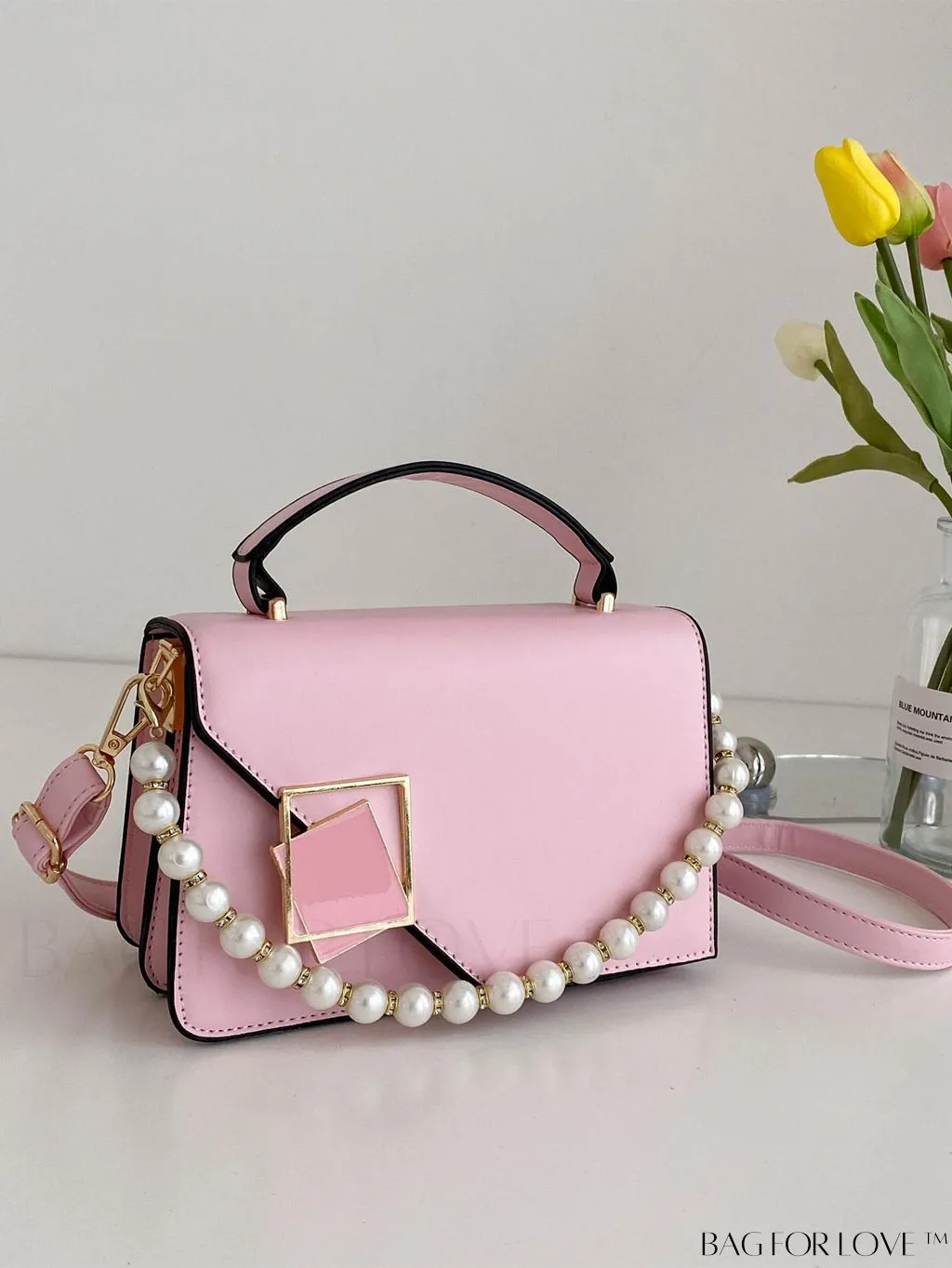BagForLove - Letter Detail Mini Chain Flap Square Bag with Decorative Charm