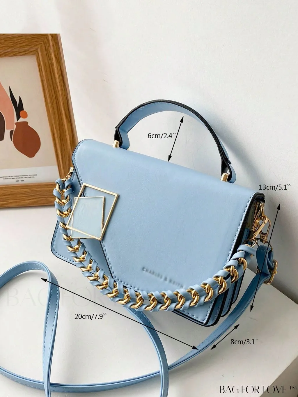 BagForLove - Letter Detail Mini Chain Flap Square Bag with Decorative Charm