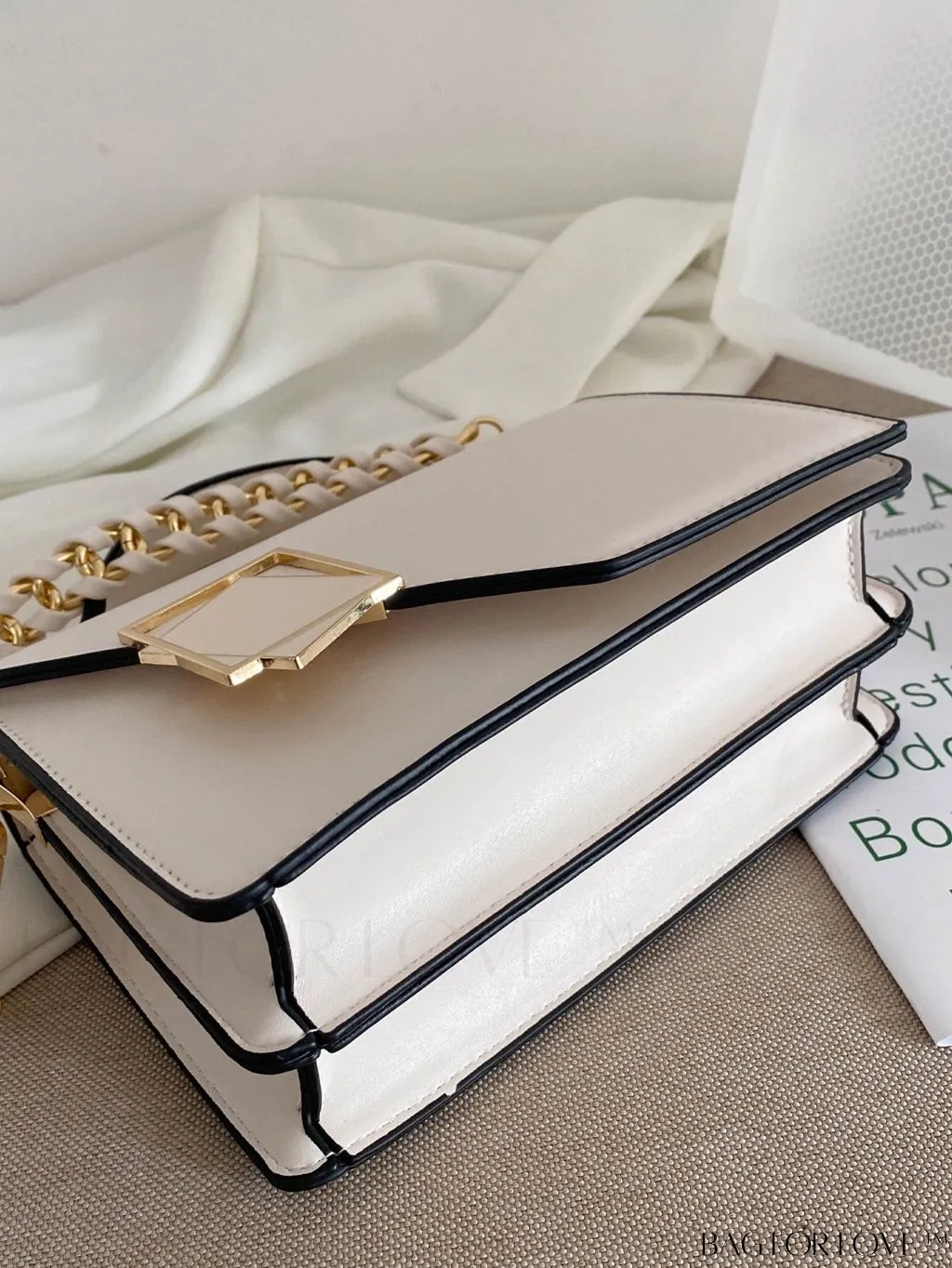 BagForLove - Letter Detail Mini Chain Flap Square Bag with Decorative Charm