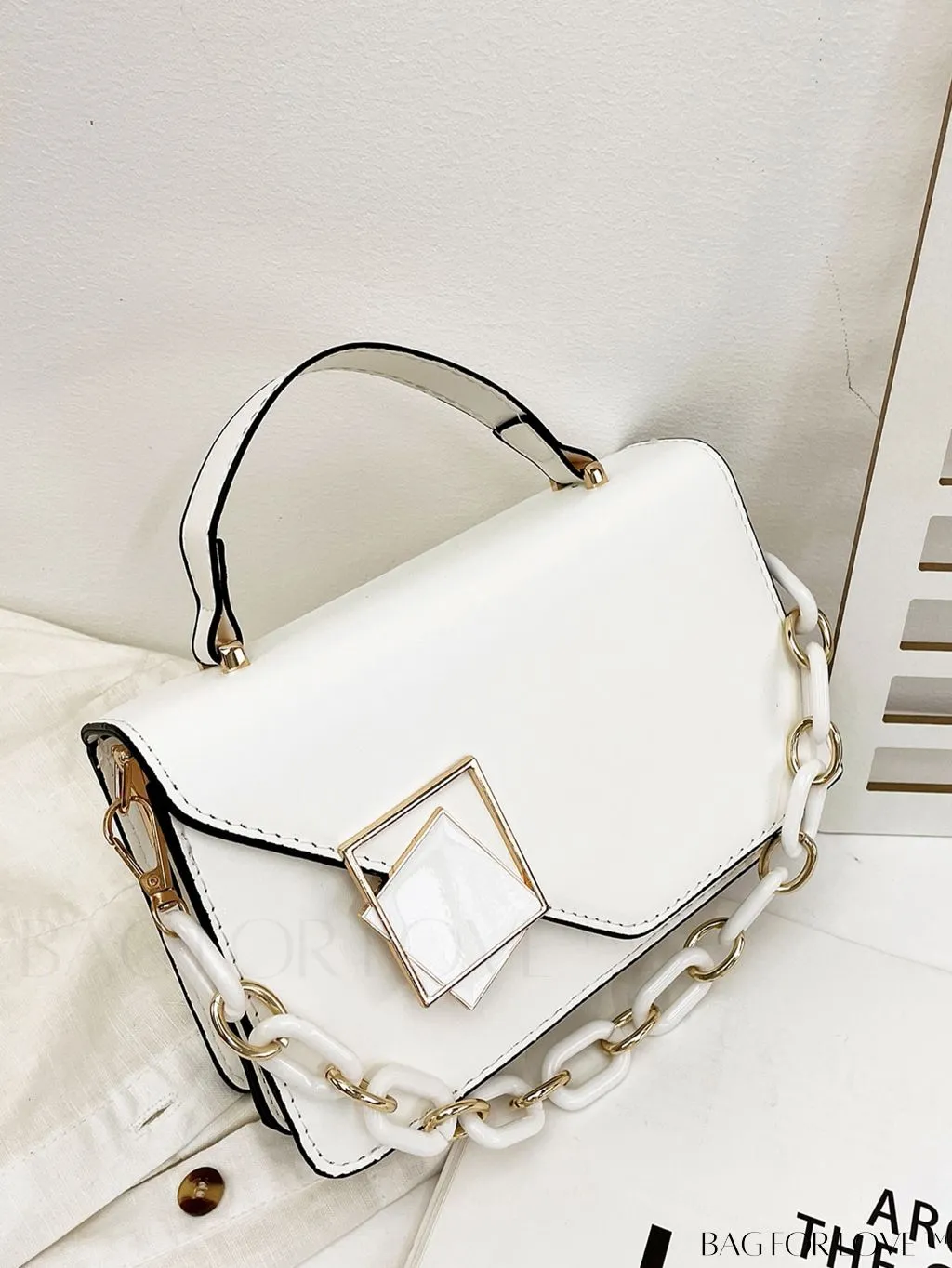 BagForLove - Letter Detail Mini Chain Flap Square Bag with Decorative Charm