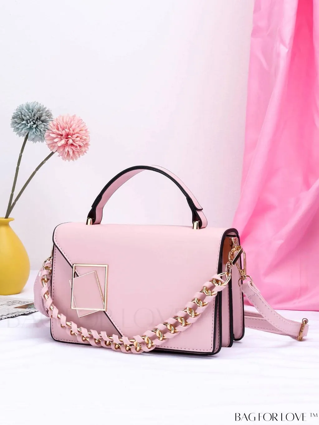 BagForLove - Letter Detail Mini Chain Flap Square Bag with Decorative Charm