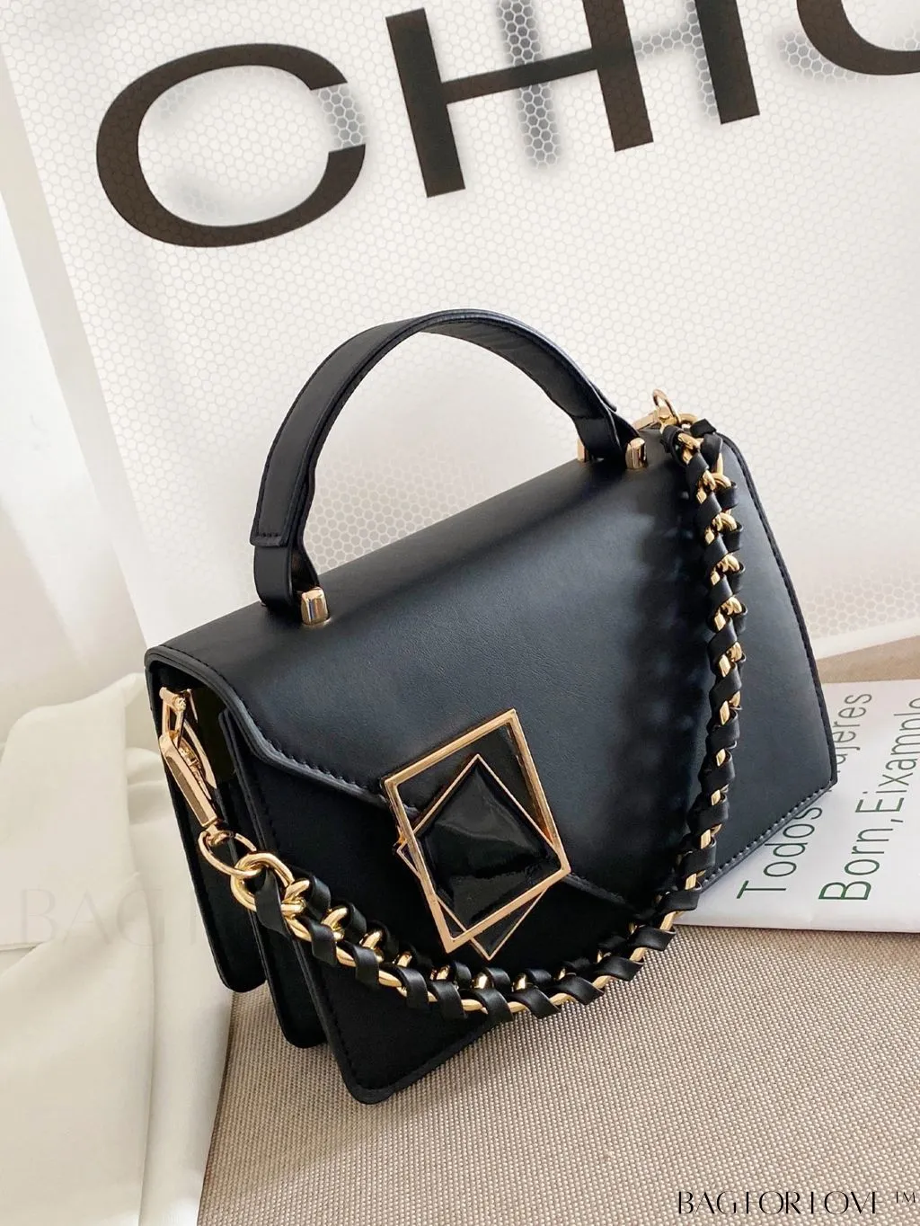 BagForLove - Letter Detail Mini Chain Flap Square Bag with Decorative Charm