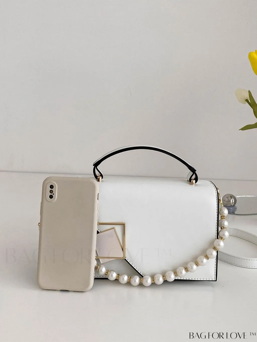 BagForLove - Letter Detail Mini Chain Flap Square Bag with Decorative Charm