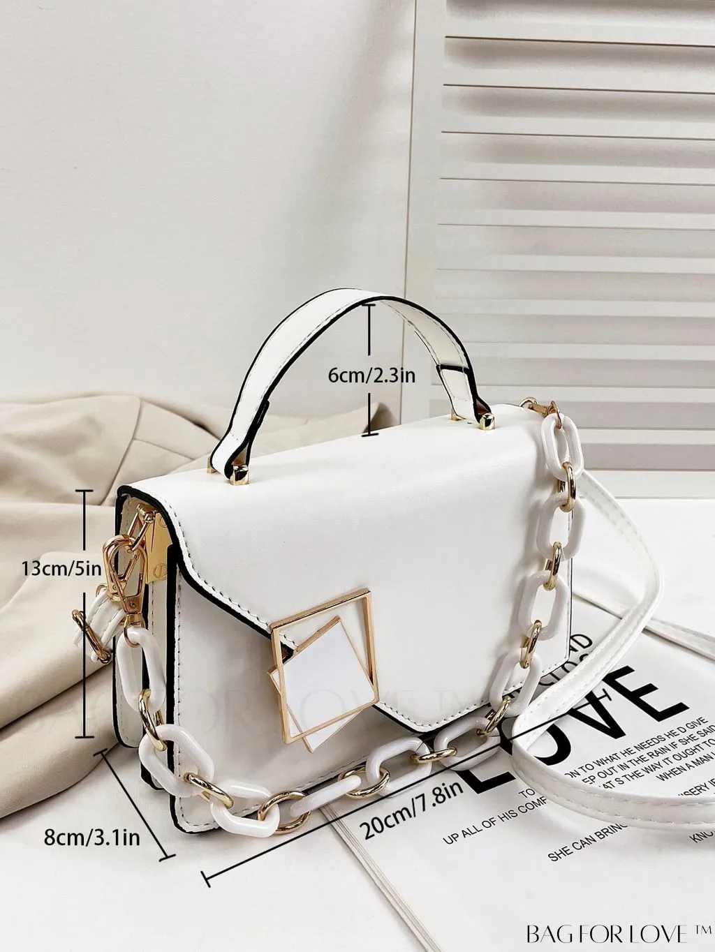 BagForLove - Letter Detail Mini Chain Flap Square Bag with Decorative Charm