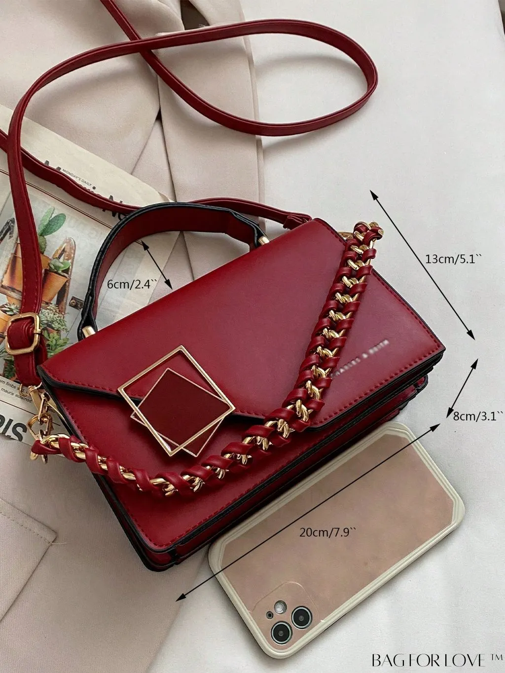 BagForLove - Letter Detail Mini Chain Flap Square Bag with Decorative Charm