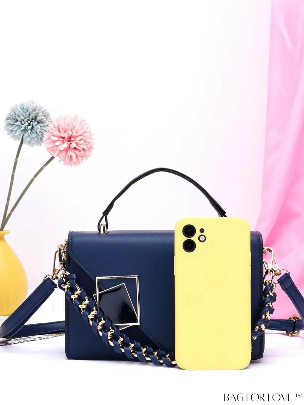 BagForLove - Letter Detail Mini Chain Flap Square Bag with Decorative Charm