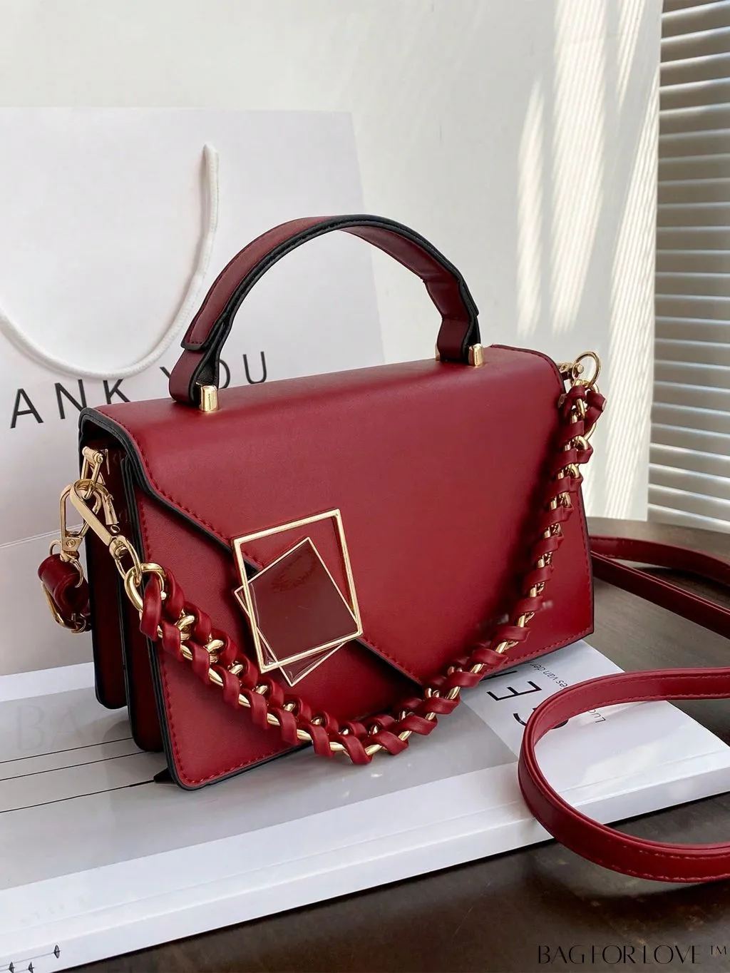BagForLove - Letter Detail Mini Chain Flap Square Bag with Decorative Charm