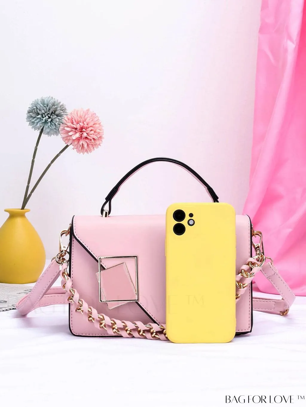 BagForLove - Letter Detail Mini Chain Flap Square Bag with Decorative Charm