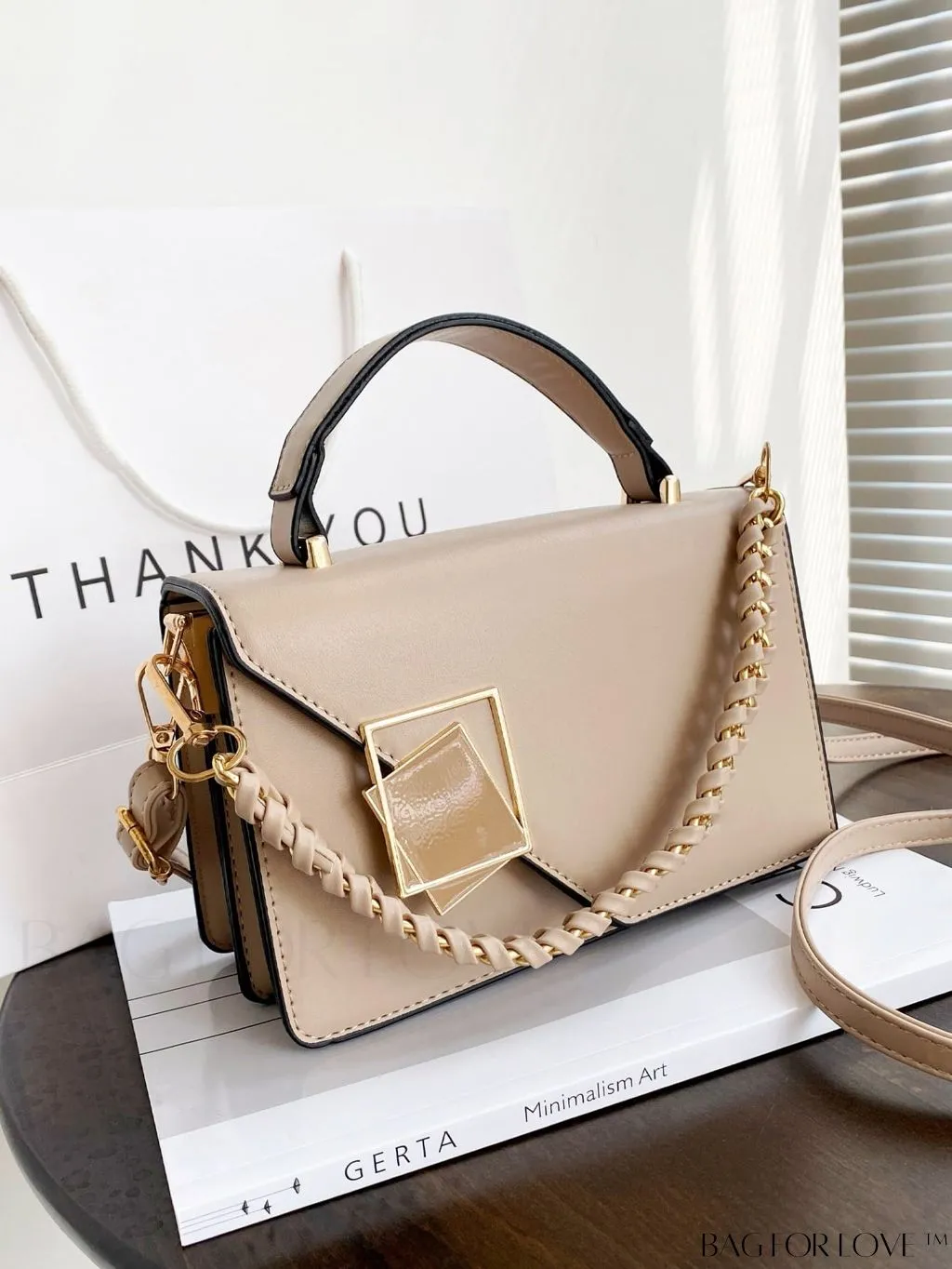 BagForLove - Letter Detail Mini Chain Flap Square Bag with Decorative Charm