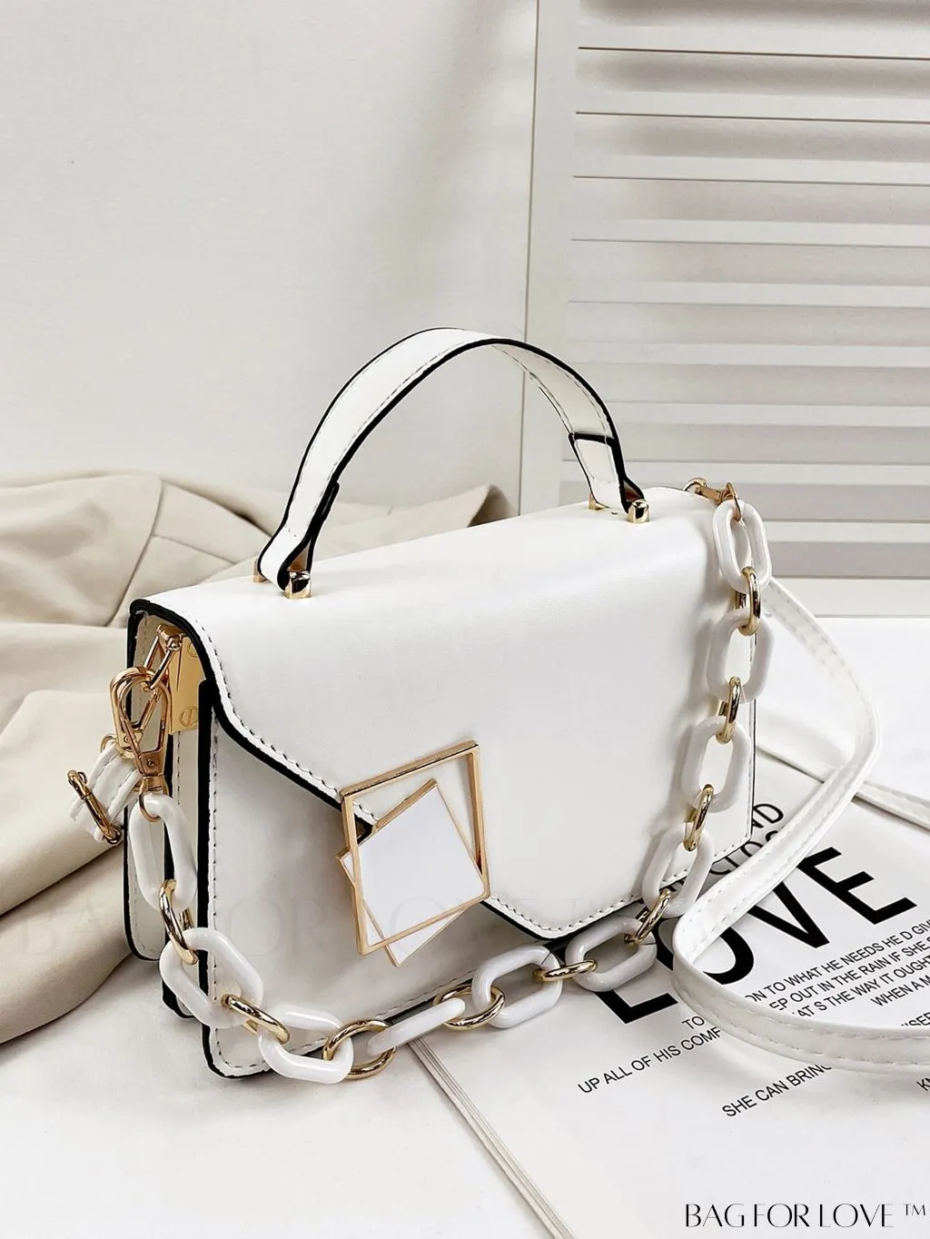 BagForLove - Letter Detail Mini Chain Flap Square Bag with Decorative Charm