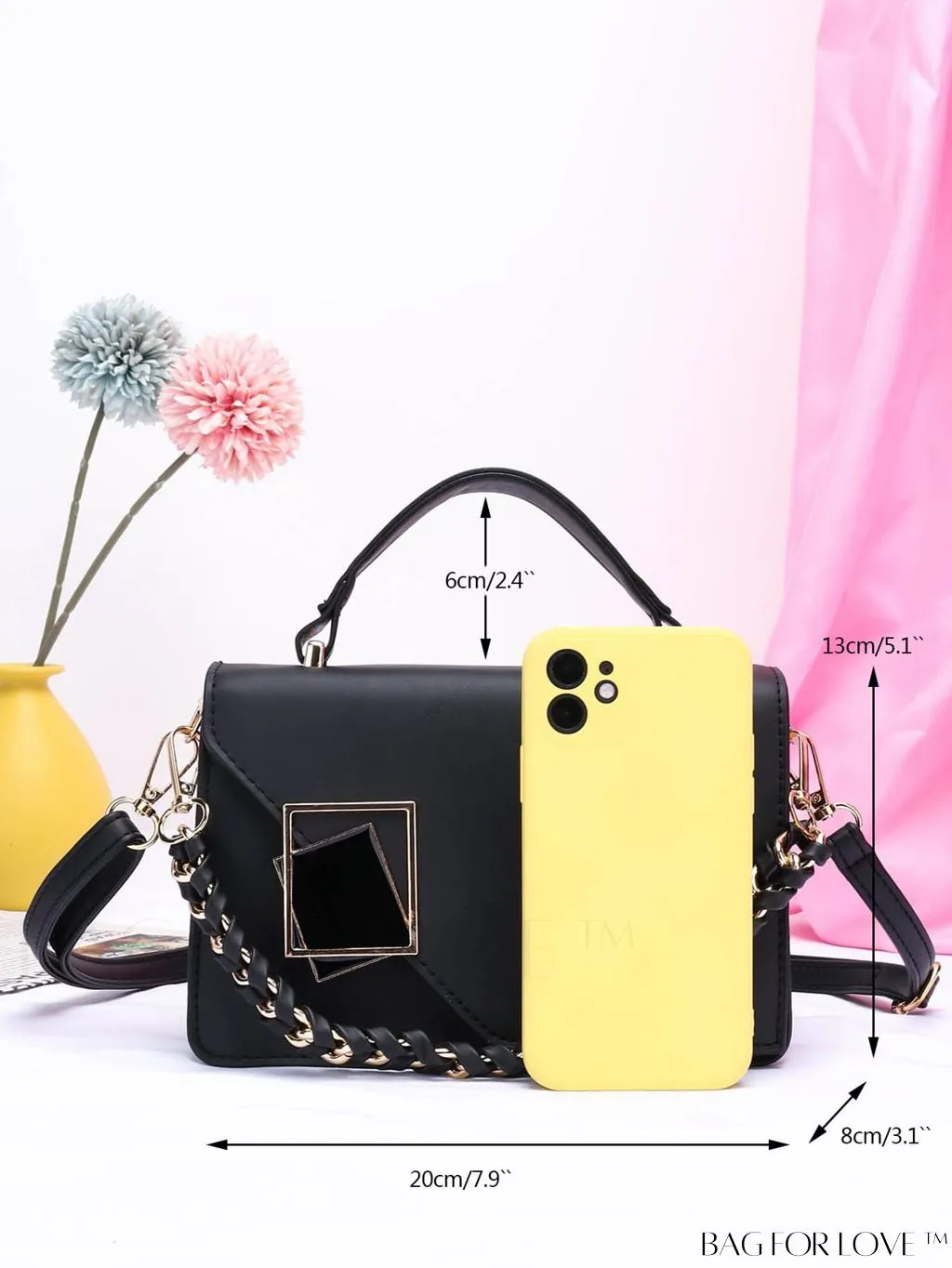 BagForLove - Letter Detail Mini Chain Flap Square Bag with Decorative Charm