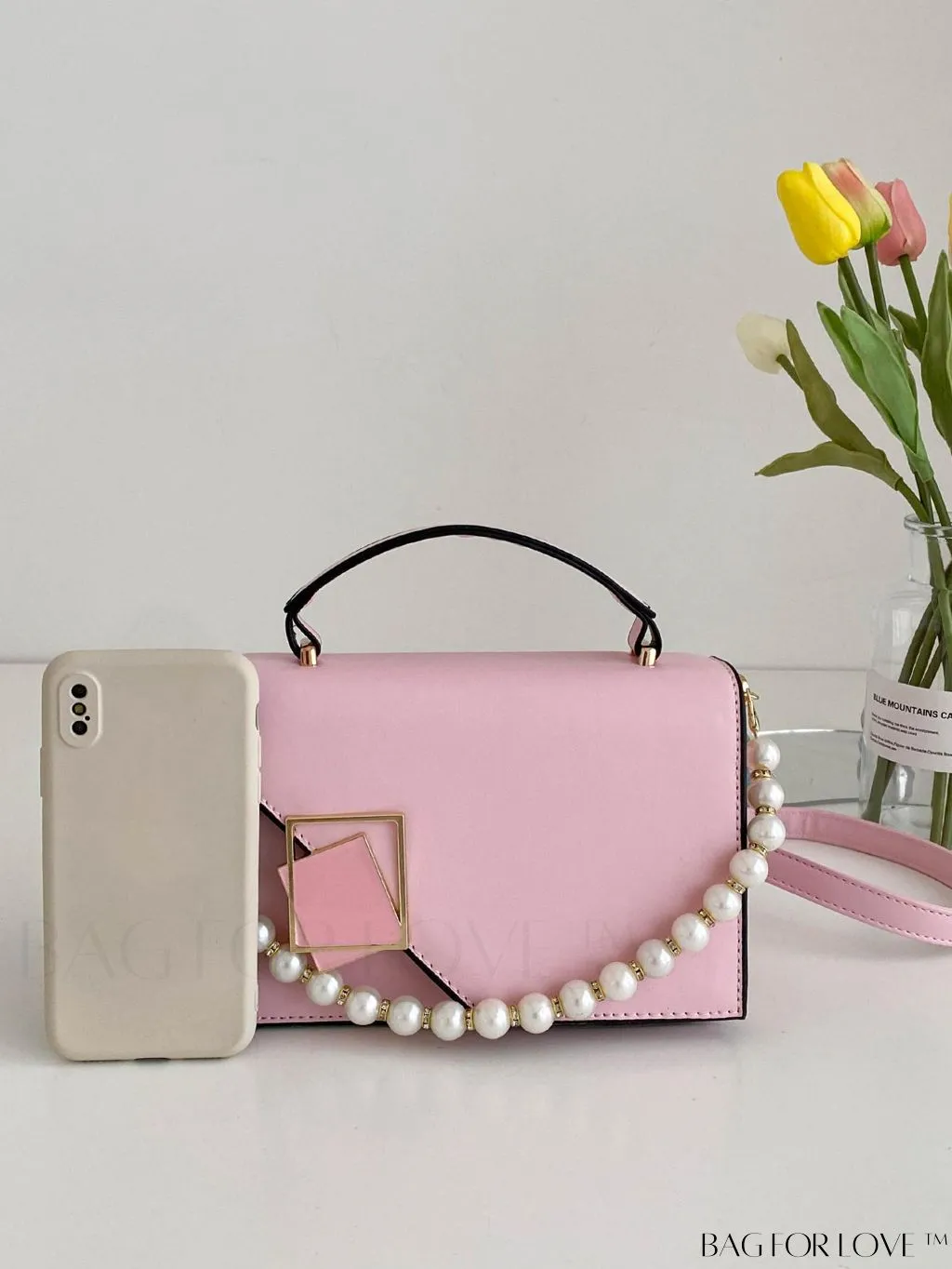 BagForLove - Letter Detail Mini Chain Flap Square Bag with Decorative Charm