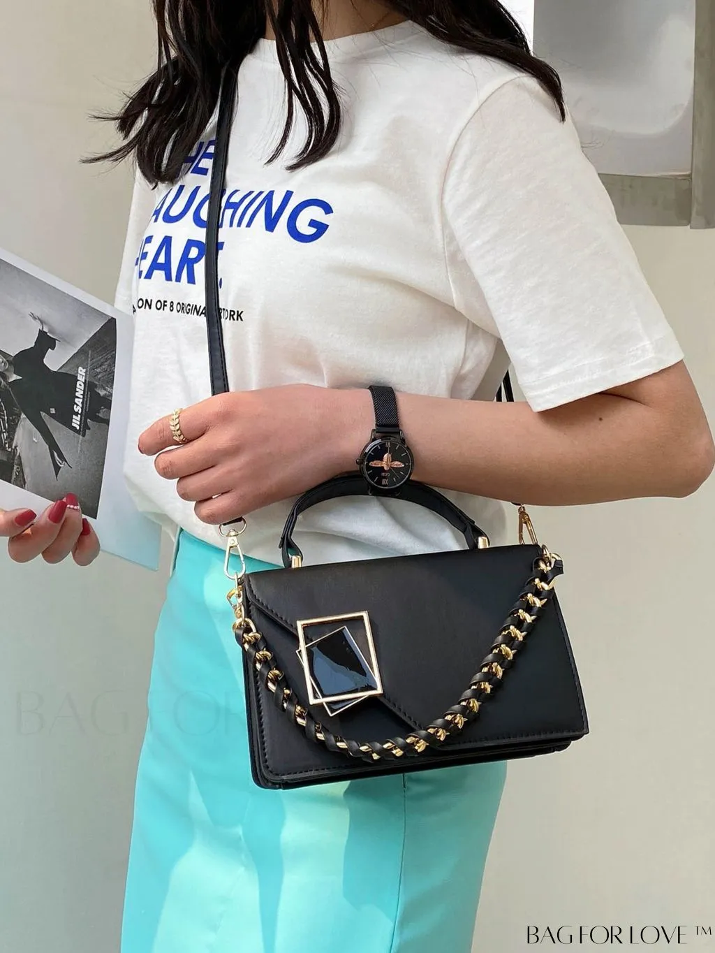 BagForLove - Letter Detail Mini Chain Flap Square Bag with Decorative Charm