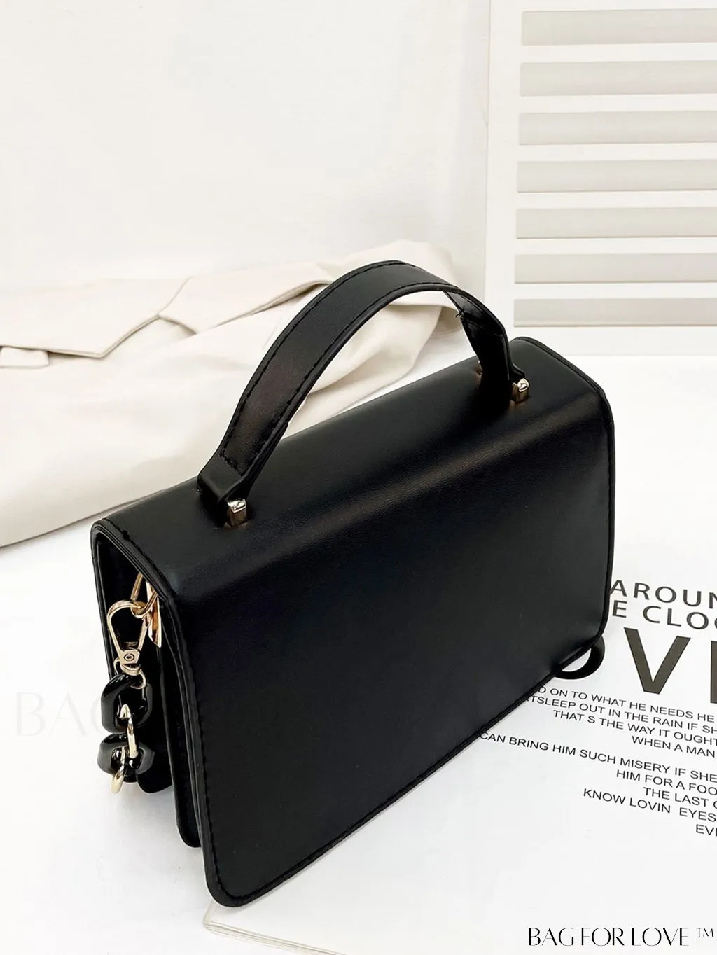 BagForLove - Letter Detail Mini Chain Flap Square Bag with Decorative Charm