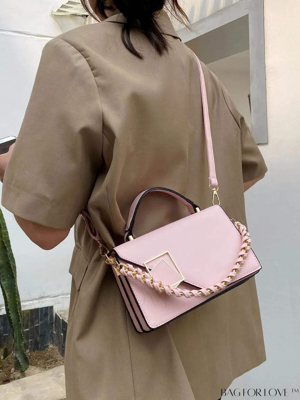 BagForLove - Letter Detail Mini Chain Flap Square Bag with Decorative Charm