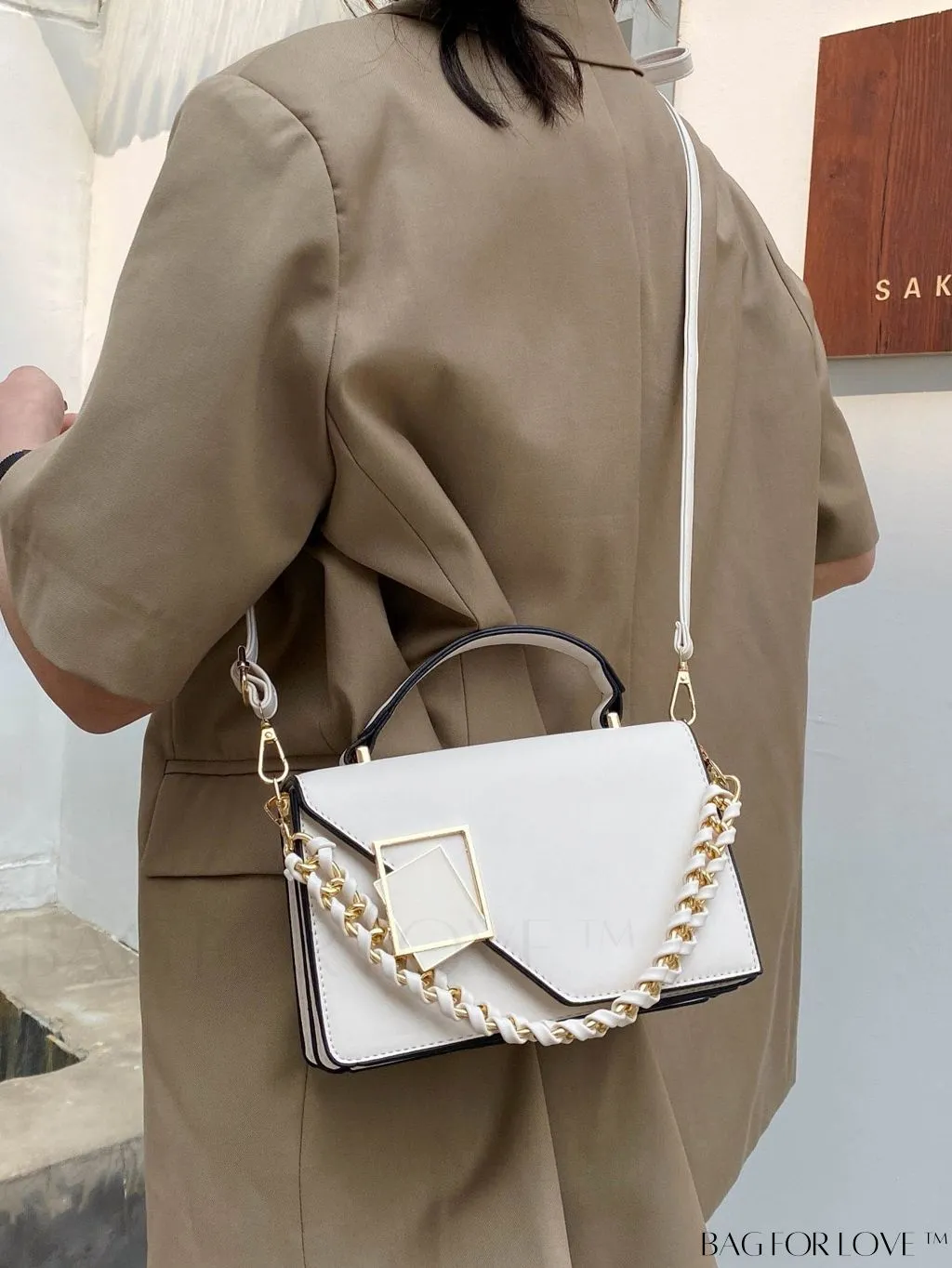 BagForLove - Letter Detail Mini Chain Flap Square Bag with Decorative Charm
