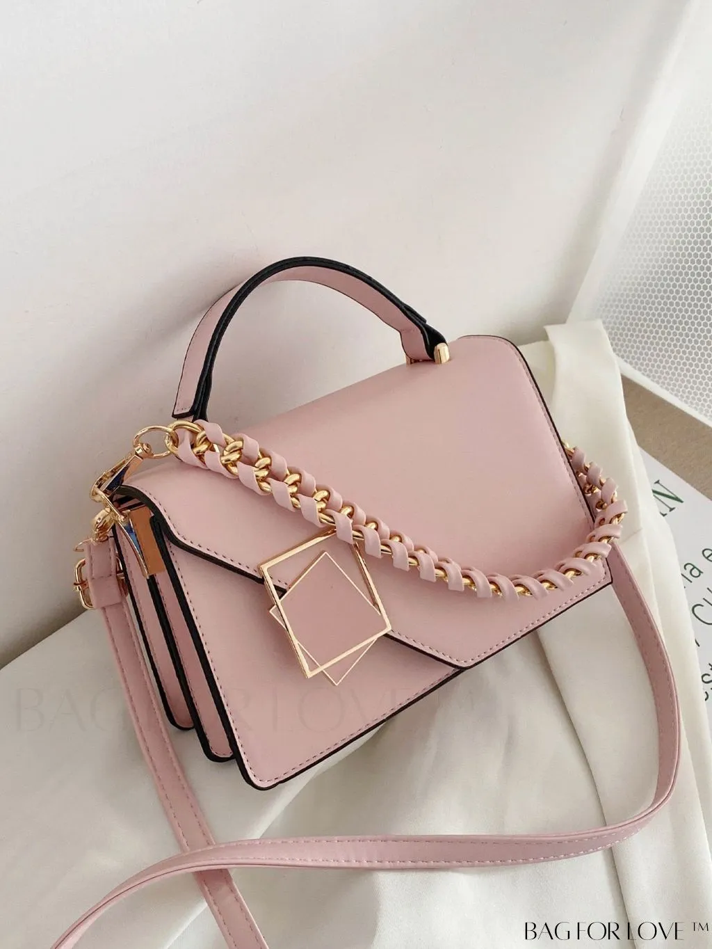 BagForLove - Letter Detail Mini Chain Flap Square Bag with Decorative Charm