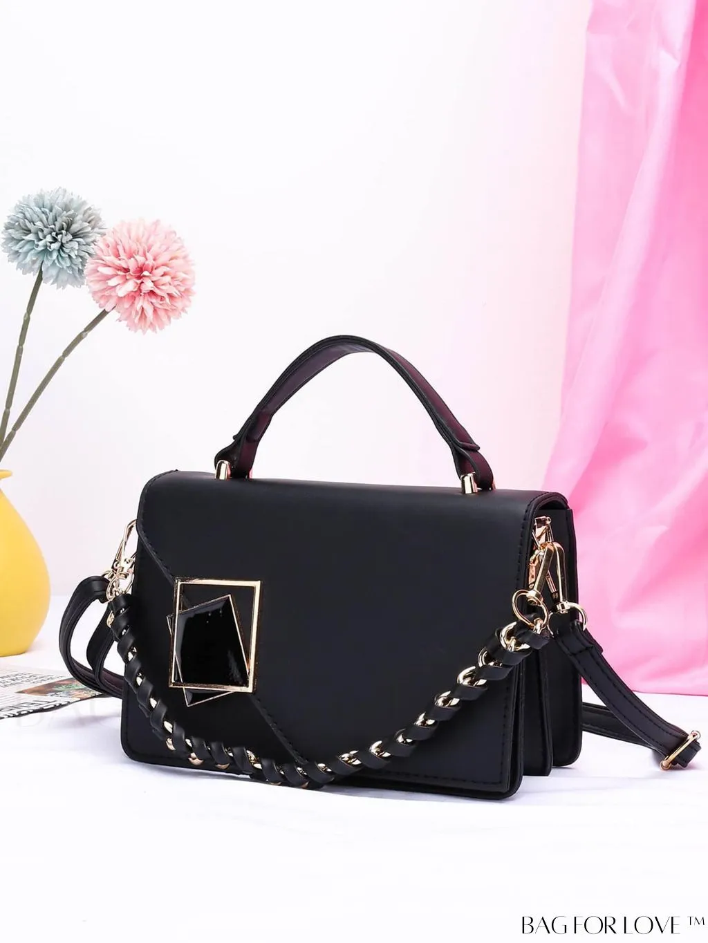 BagForLove - Letter Detail Mini Chain Flap Square Bag with Decorative Charm