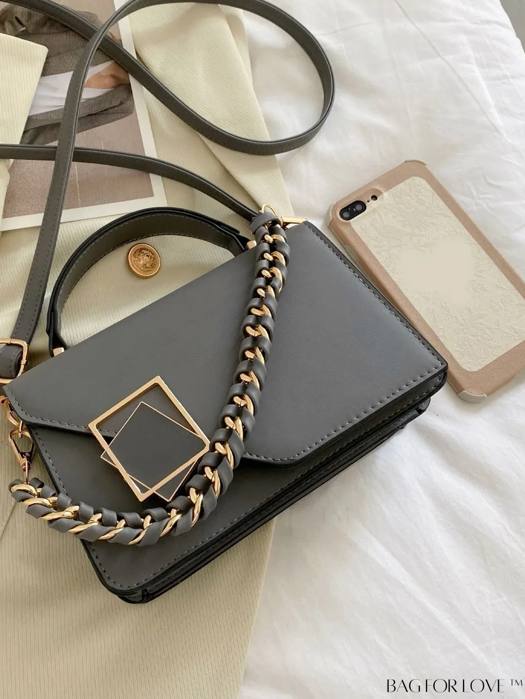 BagForLove - Letter Detail Mini Chain Flap Square Bag with Decorative Charm