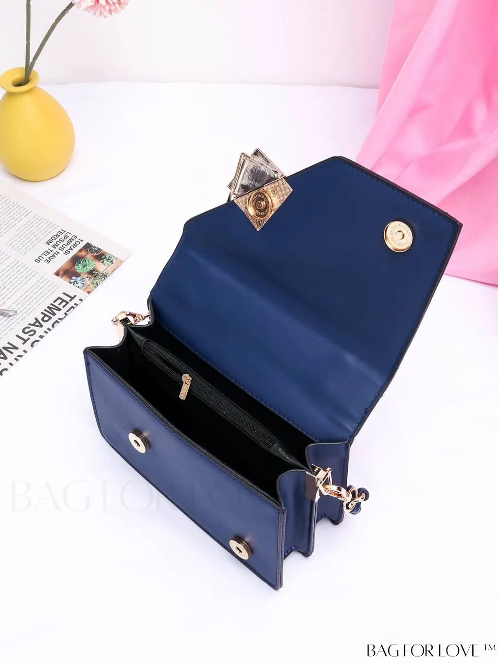BagForLove - Letter Detail Mini Chain Flap Square Bag with Decorative Charm