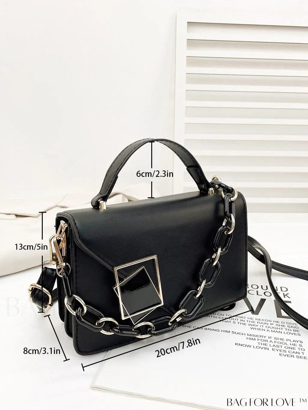 BagForLove - Letter Detail Mini Chain Flap Square Bag with Decorative Charm