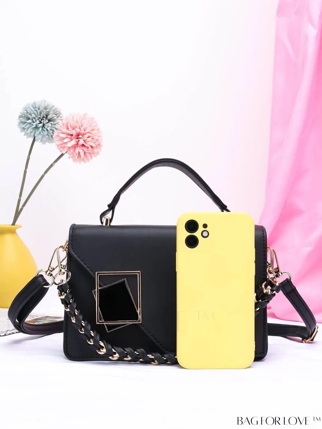 BagForLove - Letter Detail Mini Chain Flap Square Bag with Decorative Charm