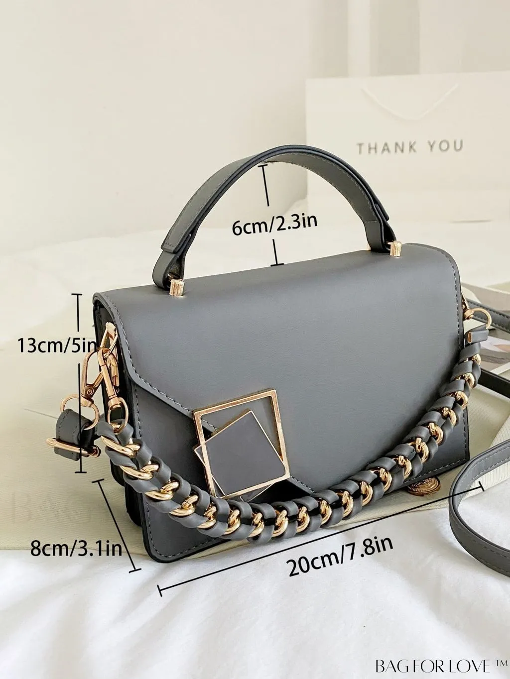 BagForLove - Letter Detail Mini Chain Flap Square Bag with Decorative Charm
