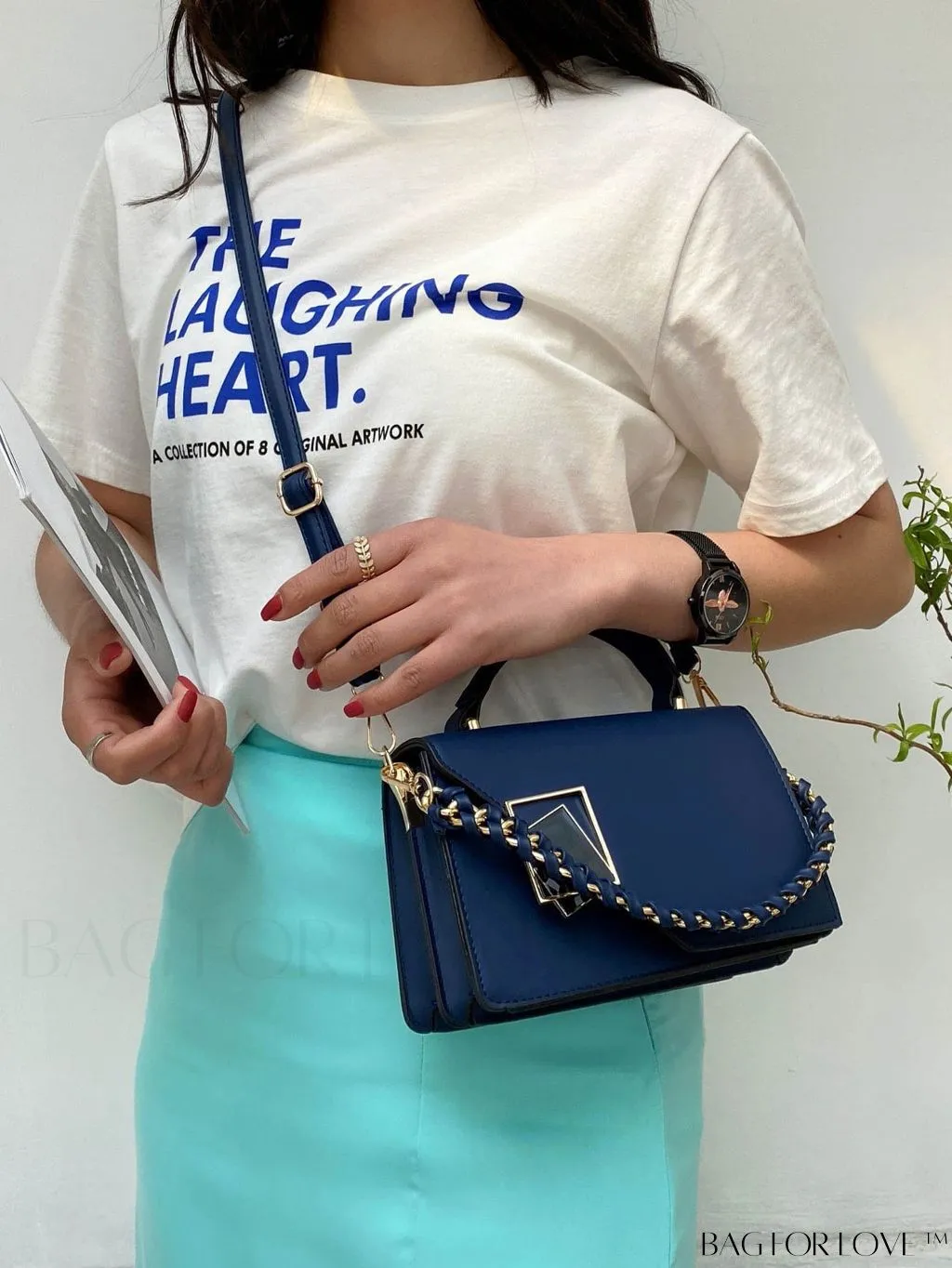 BagForLove - Letter Detail Mini Chain Flap Square Bag with Decorative Charm