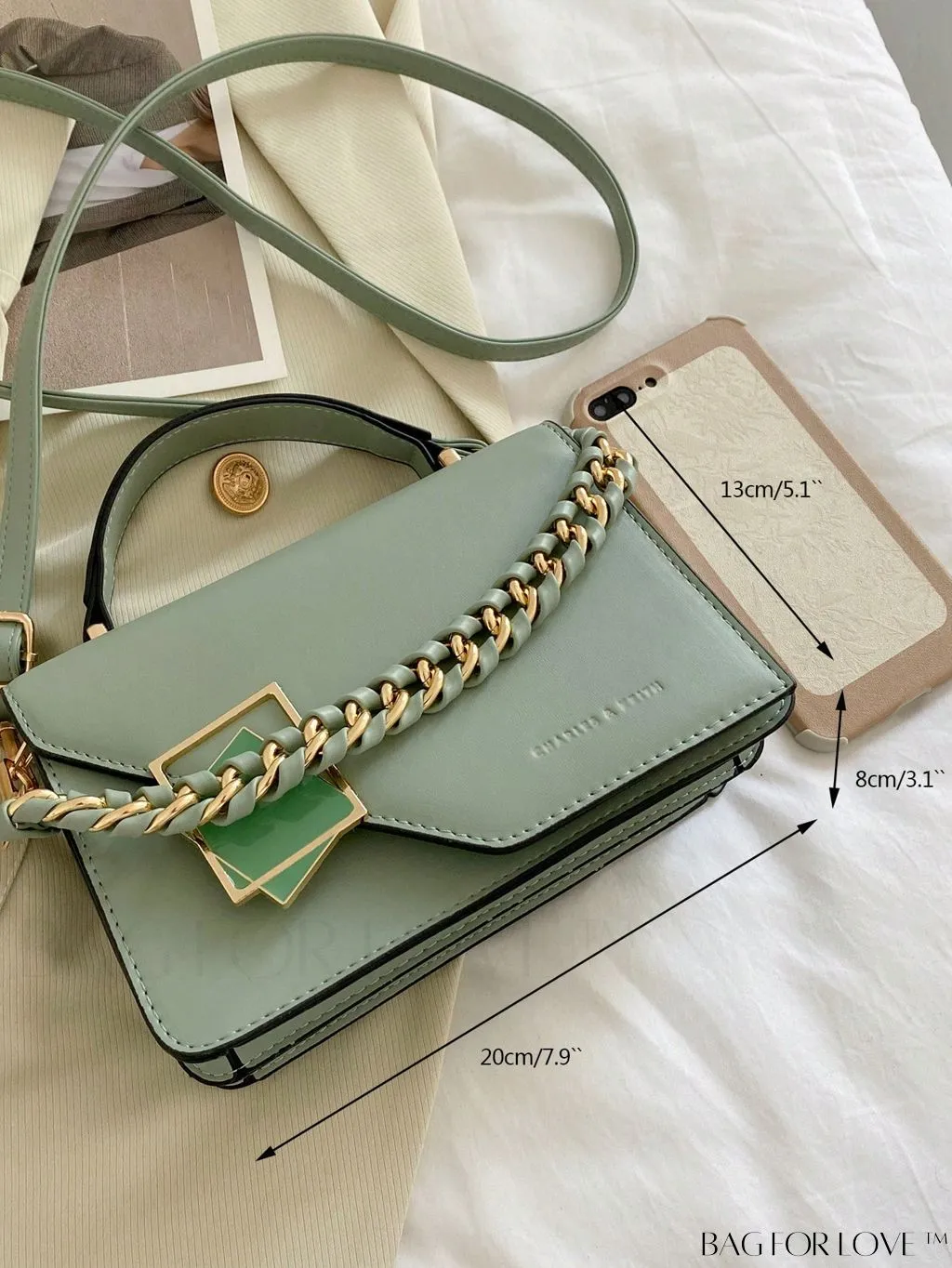 BagForLove - Letter Detail Mini Chain Flap Square Bag with Decorative Charm