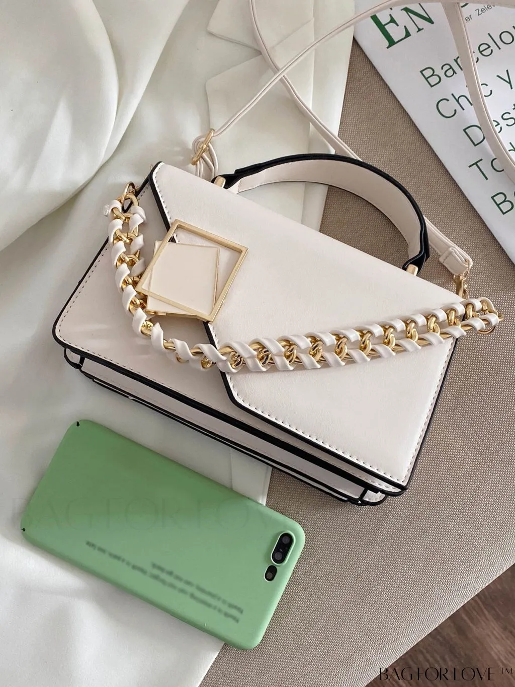 BagForLove - Letter Detail Mini Chain Flap Square Bag with Decorative Charm