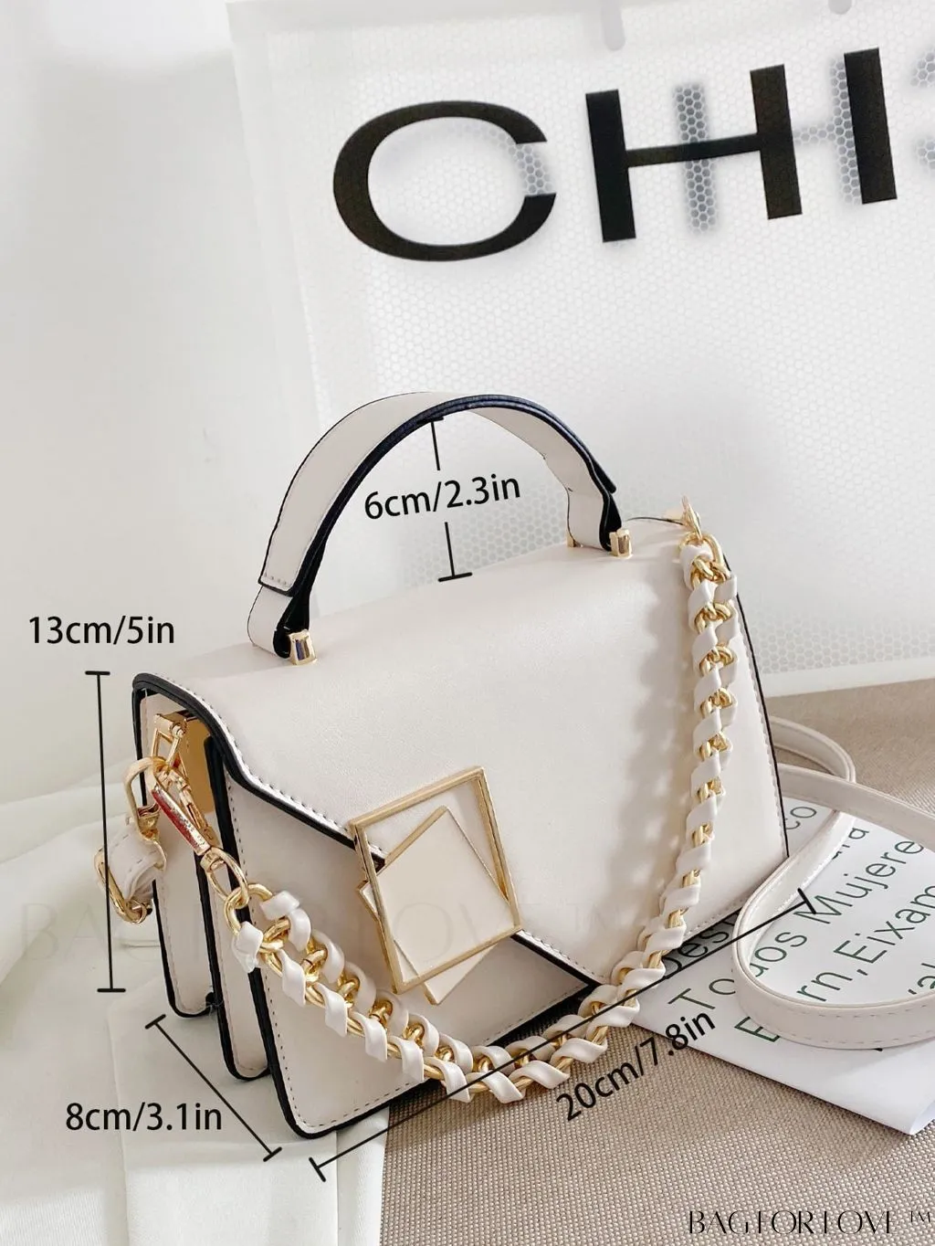BagForLove - Letter Detail Mini Chain Flap Square Bag with Decorative Charm