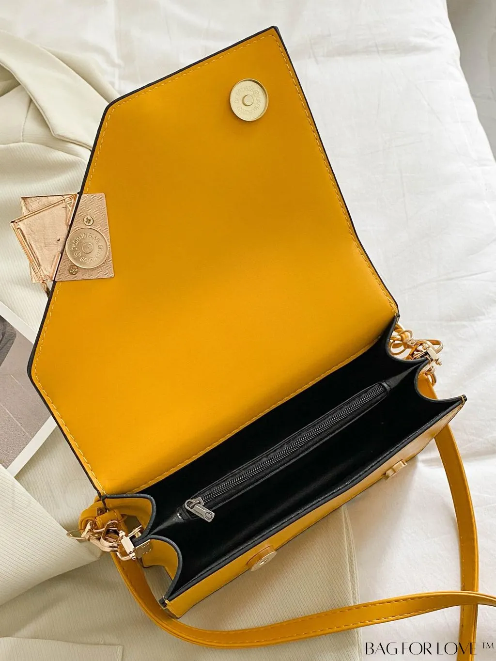 BagForLove - Letter Detail Mini Chain Flap Square Bag with Decorative Charm