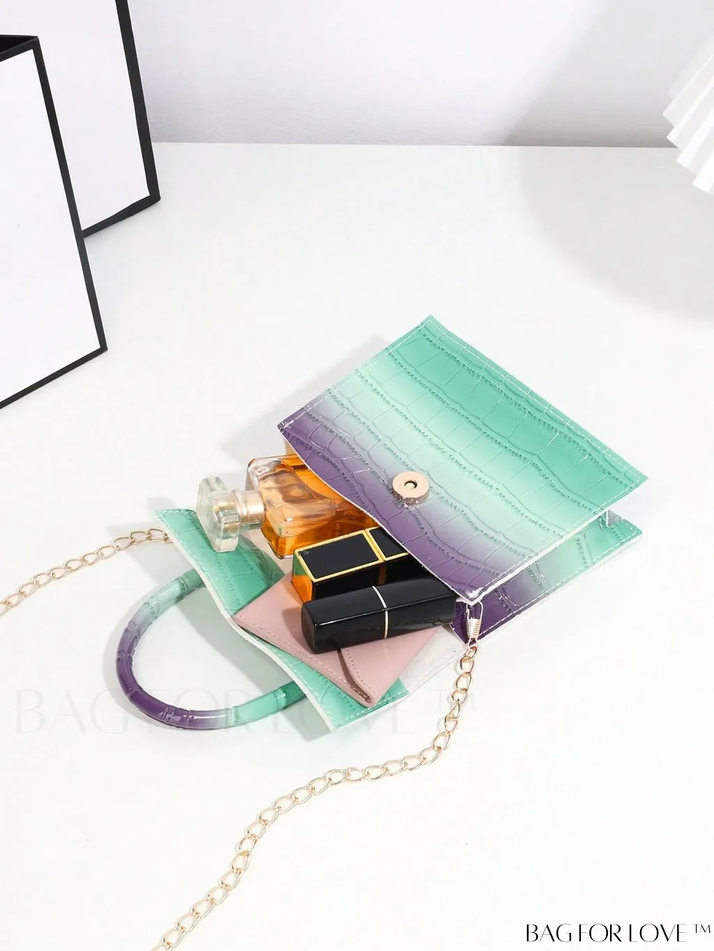 BagForLove - Neon Lime Square Mini Bag with Chain Flap in PU Leather