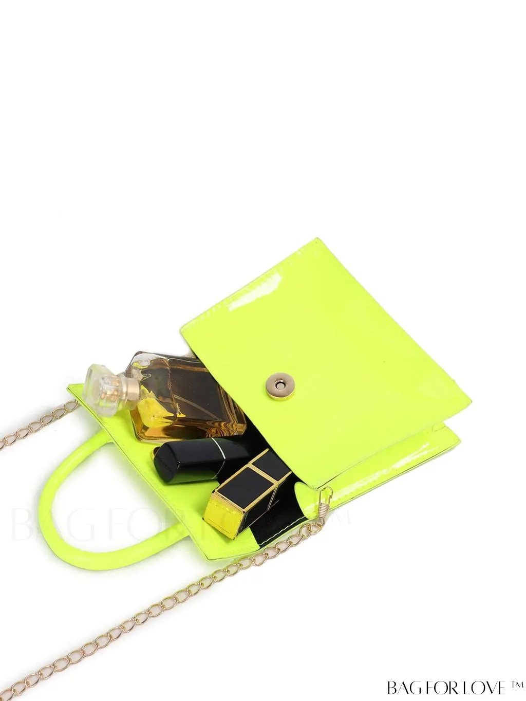 BagForLove - Neon Lime Square Mini Bag with Chain Flap in PU Leather